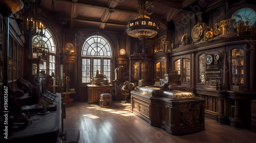 Steampunk museum with warm rich wood paneling, rich wood cabinets with glass doors and arched windows. 