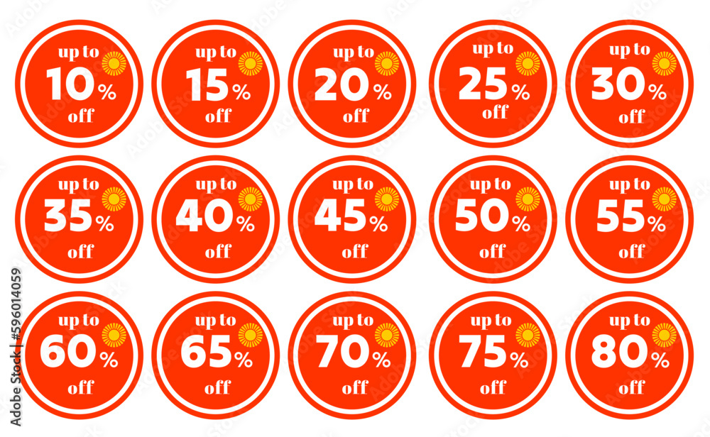 set of stickers, labels of summer discounts on a bright background, inscribed in a circle set of stickers, labels of summer discounts on a bright background, inscribed in a circle