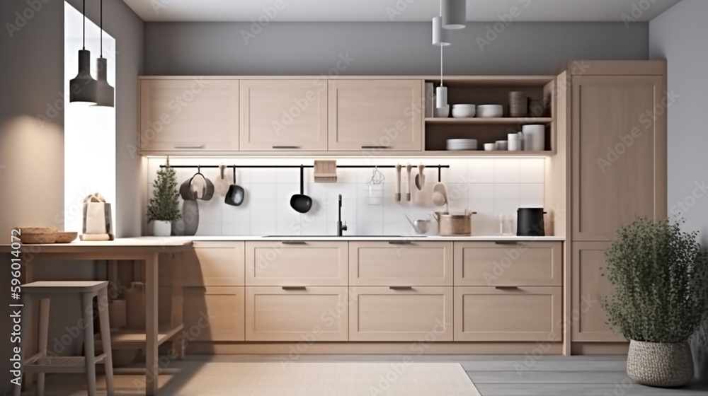 Fototapeta premium A kitchen of a beautiful bright modern style, generative AI