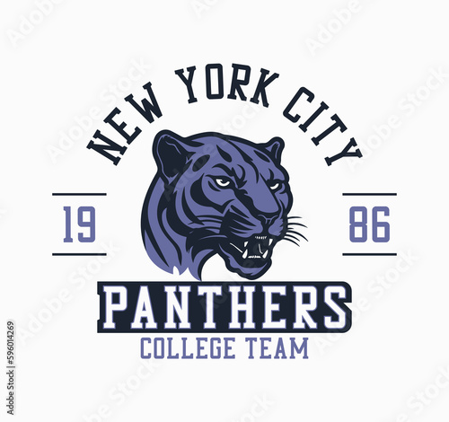 New York city college league, Panthers team t-shirt design. College tee shirt print design with panthers head. Graphics for print product, t shirt, vintage sport apparel. Vector.