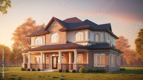 Mcmansion exterior house design in daytime golden hour generative ai © Hixel