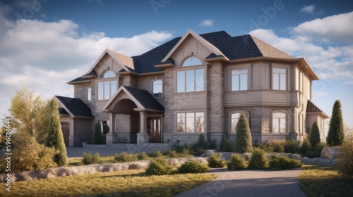 Mcmansion exterior house design in daytime golden hour generative ai