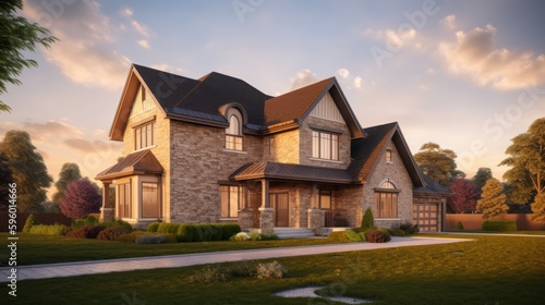 Mcmansion exterior house design in daytime golden hour generative ai photo