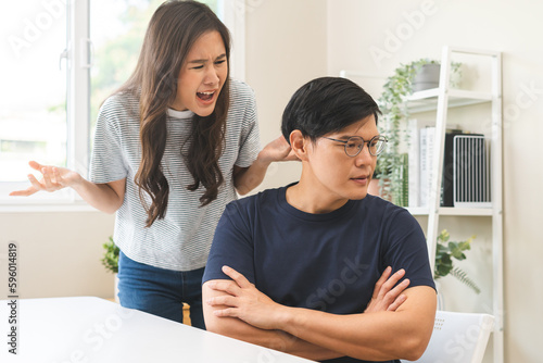 Breakup and depressed, asian young quarrel couple love fight relationship in trouble. Different people are emotion angry. Argue husband has expression, upset with wife. Problem of family people.