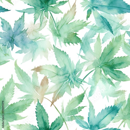 Watercolor seamless cannabis, marijuana leaves, pattern texture digital print. Digital Wall Tile Decor For Home. Generative AI