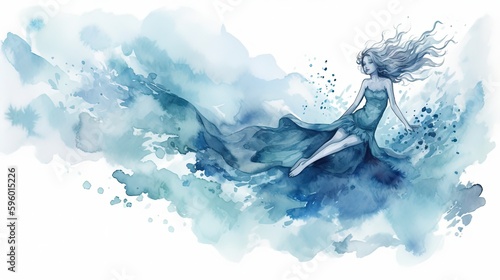 watercolor illustration of a woman portrait in fantasy atmosphere over cloud, Generative Ai