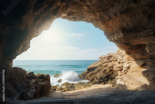 View of ocean through rock cave. Illustration background. Generative AI