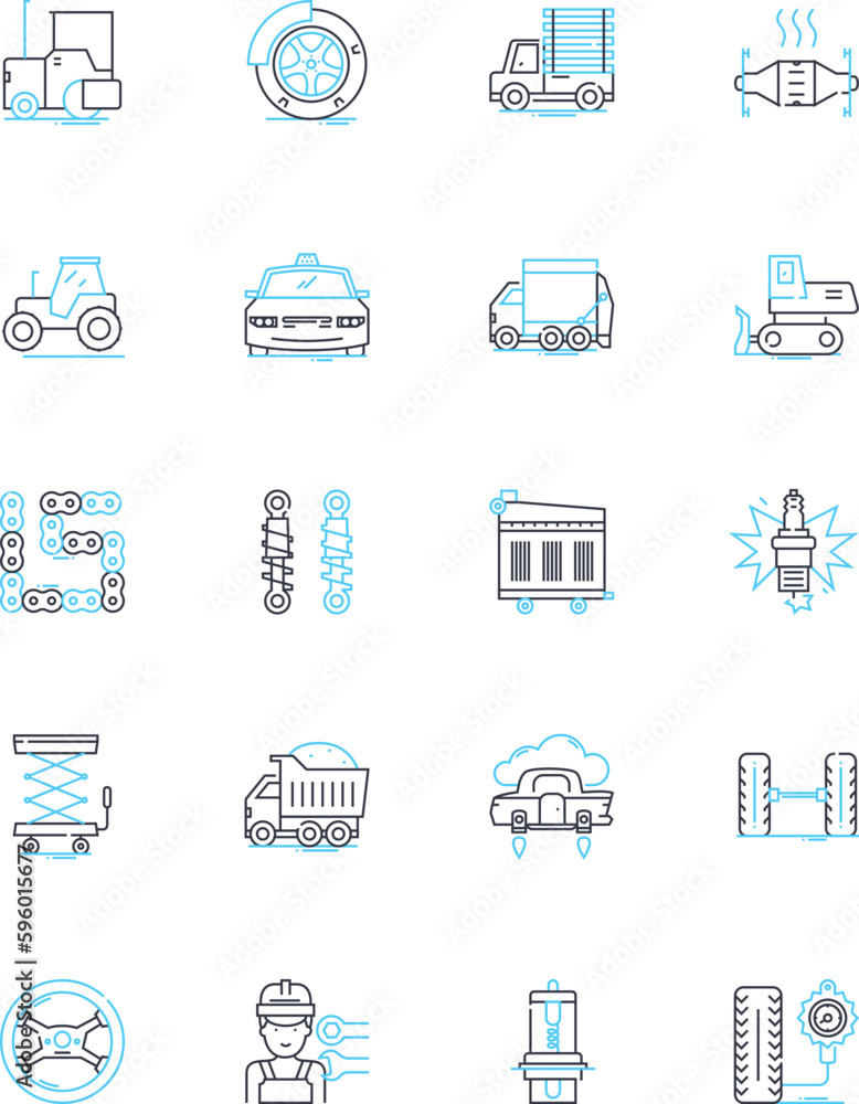 Car fair linear icons set. Automobiles, Dealerships, Trade, Industry, Technology, Innovations, Luxury line vector and concept signs. Performance,Accessories,Dealers outline illustrations