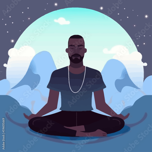 A black man is sitting in the lotus position in a vector illustration on a space background. Mental health awareness month.
