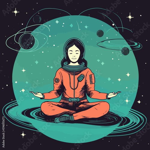A woman is sitting in the lotus position in a vector illustration on a space background. Mental health awareness month.