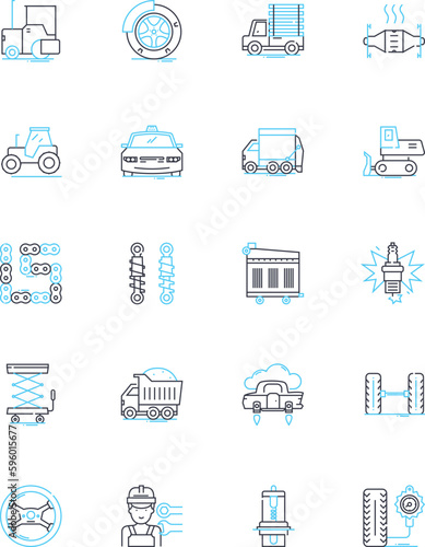 Car fair linear icons set. Automobiles, Dealerships, Trade, Industry, Technology, Innovations, Luxury line vector and concept signs. Performance,Accessories,Dealers outline illustrations