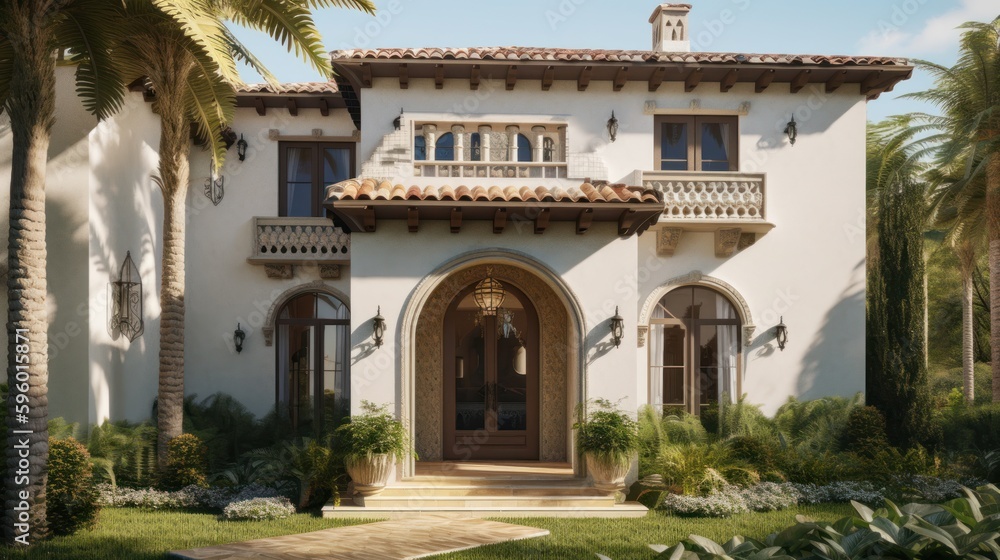 Mediteranian exterior house design in daytime golden hour generative ai