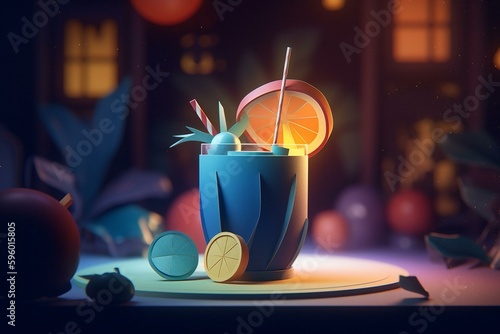 Illustration of a cocktail in a night party theme made in paper craft style. Generative AI