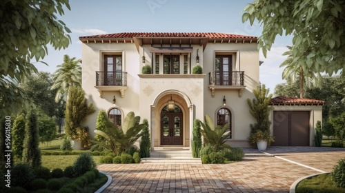 Mediteranian exterior house design in daytime golden hour generative ai
