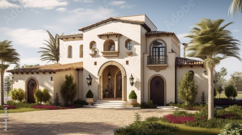 Mediteranian exterior house design in daytime golden hour generative ai © Hixel