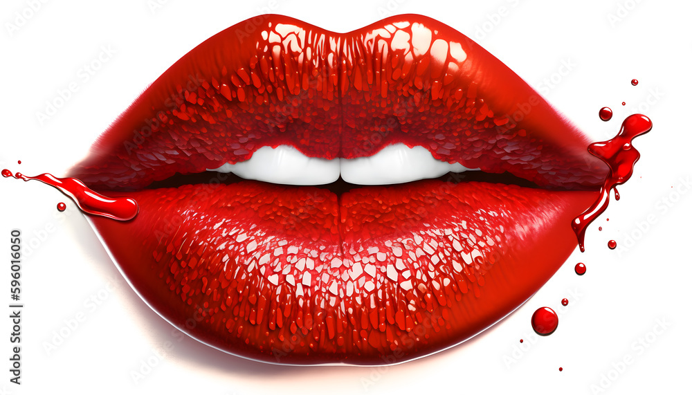 Fototapeta premium Woman lip set. Girl mouth close up with smudged red lipstick makeup isolated on white background. Generation AI
