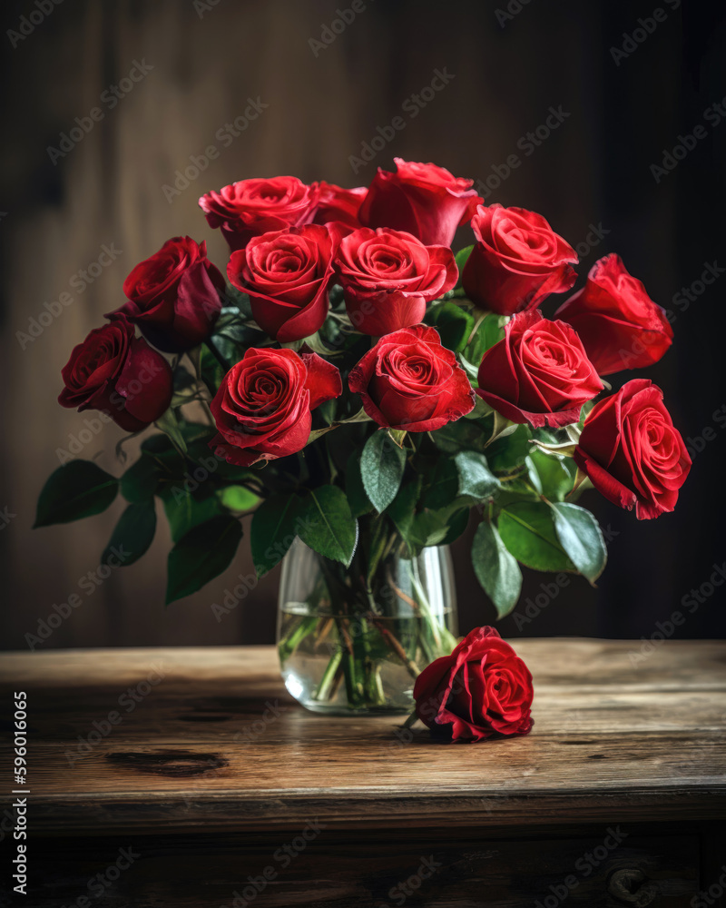 Fototapeta premium Bouquet of red roses in a vase on a wooden table 