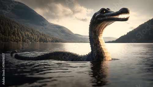 Loch Ness Monster Nessie in water lake. Generation AI photo