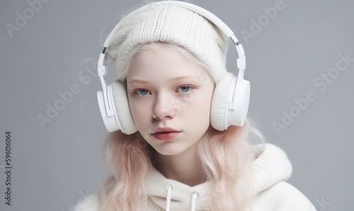 Cute albino girl listening to her favorite music through earphones, generative AI