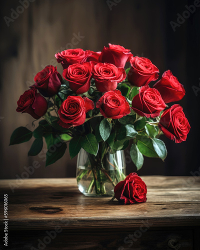 Bouquet of red roses in a vase on a wooden table 