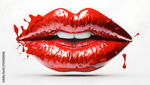 Woman lip set. Girl mouth close up with smudged red lipstick makeup isolated on white background. Generation AI