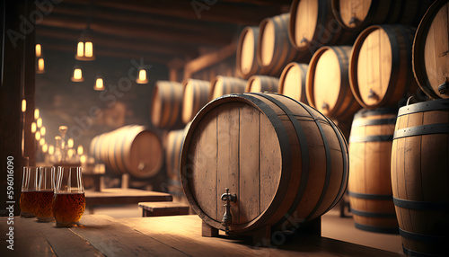Storage cellar with barrels making wine or whisky bottles. Generation AI © Adin