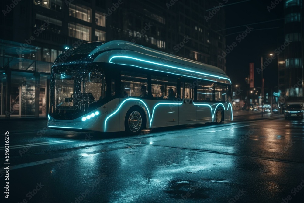 Self-driving electric bus for urban public transport cruising through the night streets. Generative AI