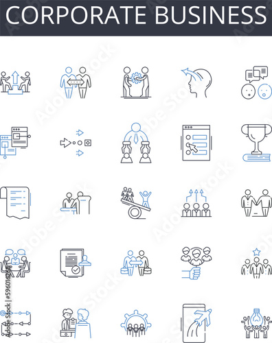 Corporate business line icons collection. Governmental administration, Professional establishment, Financial industry, Entrepreneurial venture, Industrial commerce, Multinational corporation