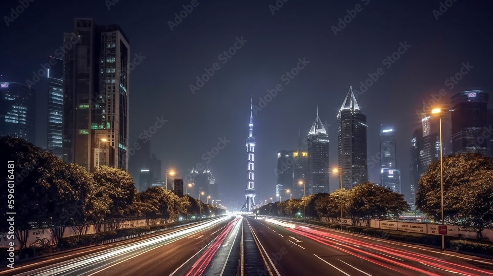 China's Shanghai at night, showing the asphalt road and metropolitan skyline with contemporary office buildings.  AI generator