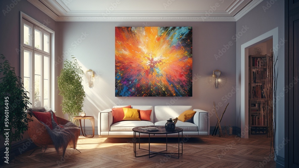 Living room: sunny, flat view, pleasant atmosphere, modest framed vertical picture in interior. AI generator Living room: sunny, flat view, pleasant atmosphere, modest framed vertical picture in interior. AI generator