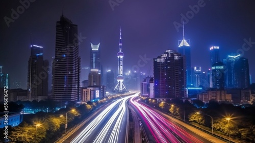 China's Shanghai at night, showing the asphalt road and metropolitan skyline with contemporary office buildings. AI generator