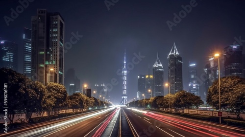 China s Shanghai at night  showing the asphalt road and metropolitan skyline with contemporary office buildings.  AI generator