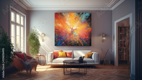 Living room  sunny  flat view  pleasant atmosphere  modest framed vertical picture in interior. AI generator