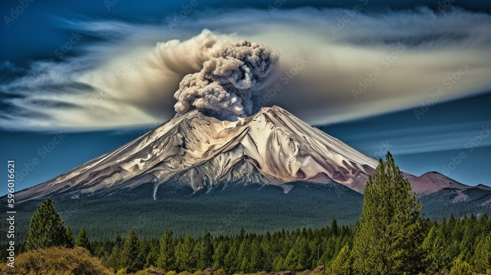 Photographs of Mount Shasta's eruption on the landscape. Automatic AI Stock Illustration Adobe