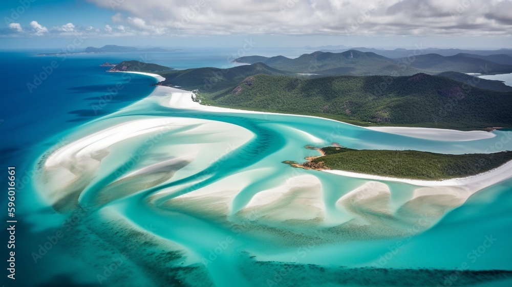 Northern Queensland's Great Barrier Reef and Whitehaven Beach are both considered natural wonders of the world. AI generator