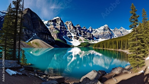 La Moraine The Rocky Mountains' Moraine Lake was created by melting glaciers from Banff National Park and is surrounded by breathtaking scenery. Winter Mountains under a sky of pure blue. AI generator