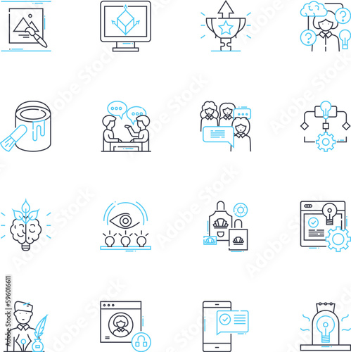 Modern art linear icons set. minimalism, abstraction, expressionism, surrealism, cubism, impressionism, contemporary line vector and concept signs. urbanism,postmodernism,neoclassicism outline