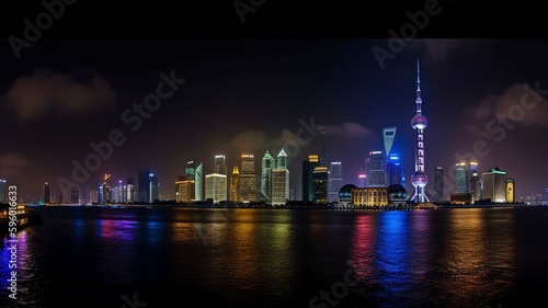 At night, the Shanghai Bund skyline. AI generator