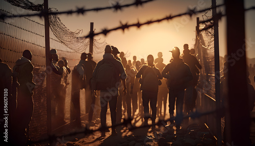 Refugee immigrants queue along high border fence Mexico and USA. Generation AI