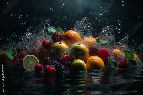 Fruits & veggies falling into dark water. Generative AI