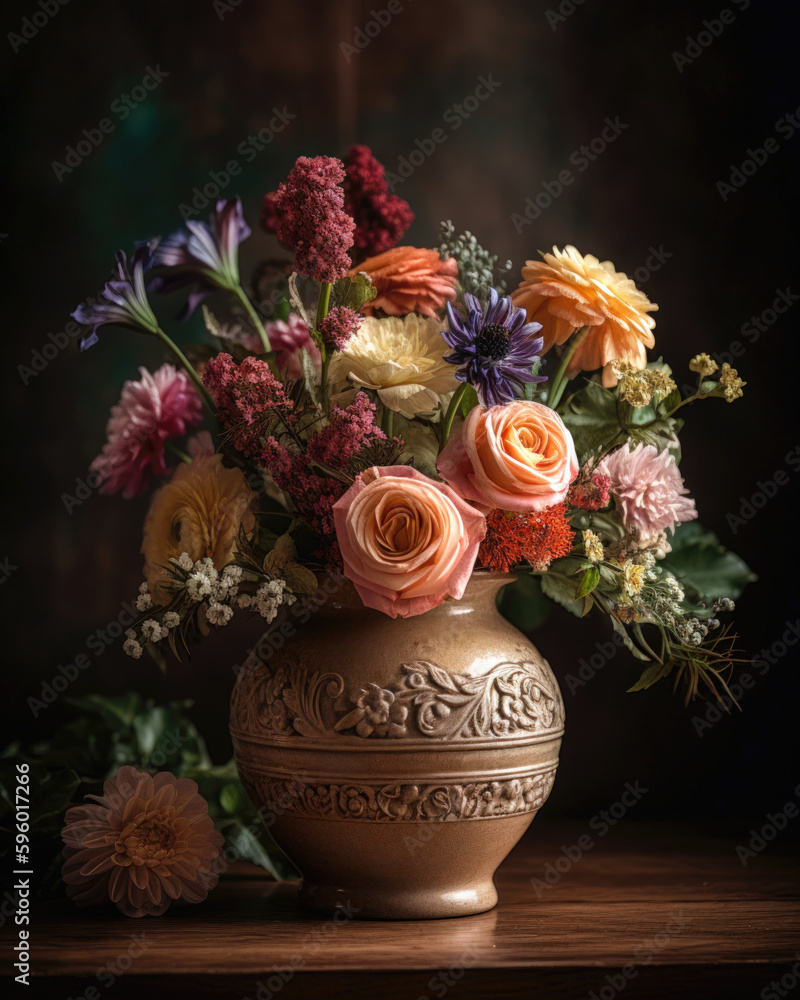 Bouquet of flowers in a vase on a dark background