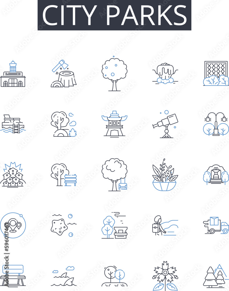 City parks line icons collection. Urban gardens, Metropolitan squares, Suburban trails, Country meadows, Coastal cliffs, Riverside walks, Mountain peaks vector and linear illustration. Jungle groves