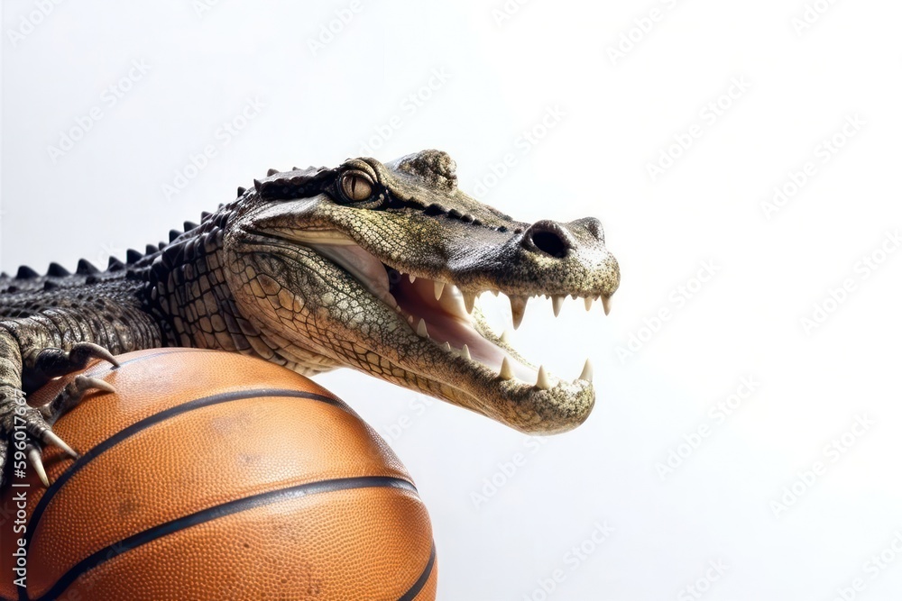 Obraz premium Crocodile Basketball Slam Dunk Winner Playing Basketball With Copyspace Generative AI