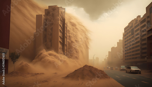 Worst sandstorm in modern city with skyscraper. Generation AI