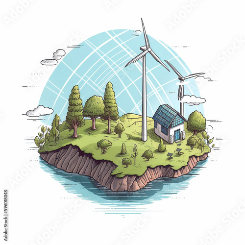Renewable sustainable energy solar and wind turbines, created with Generative AI