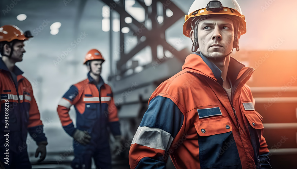 Fototapeta premium Team worker industry, engineer of Petrochemical oil rig, gas electricity. Generation AI