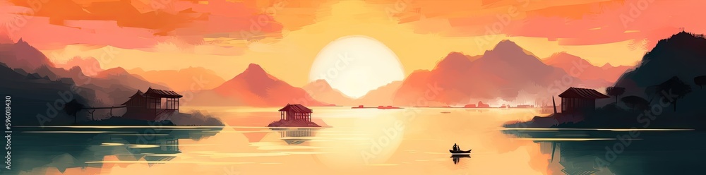 Calm lake water during the sunset. Wonderful colours. Generative AI Calm lake water during the sunset. Wonderful colours. Generative AI