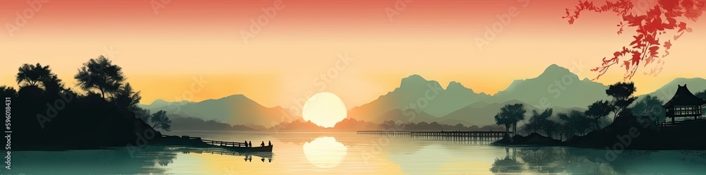 Calm lake water during the sunset. Wonderful colours. Generative AI
