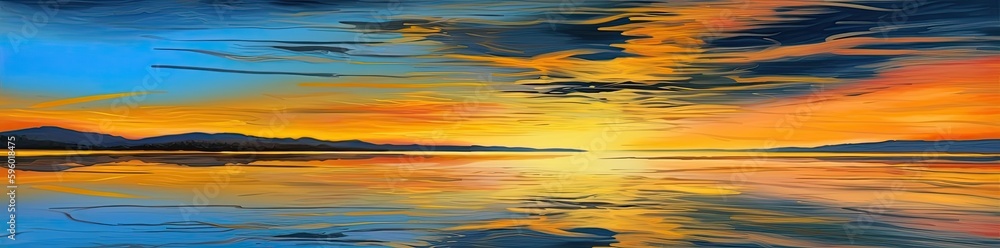 Calm sea or lake water during the sunset. Wonderful colours. Generative AI