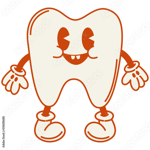 Cartoon cute happy tooth.70, 80, retro style.Dental concept, vector image for poster, sticker, print